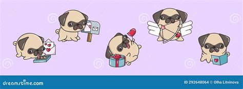 Set Of Kawaii Pug Dog Illustrations Collection Of Cute Vector Isolated