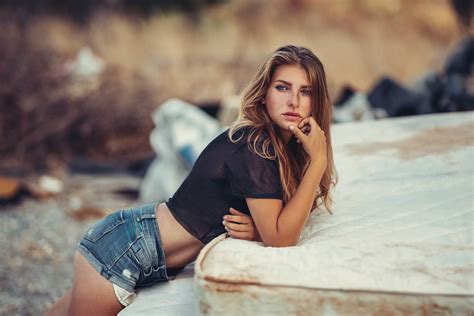 Tanned Jean Shorts Women Outdoors Depth Of Field Portrait