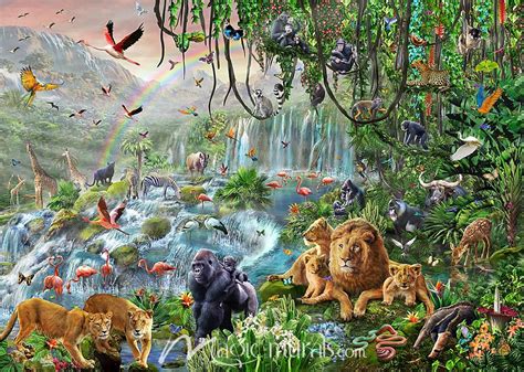 Jungle Waterfall Animals Wallpaper Mural By Magic Murals