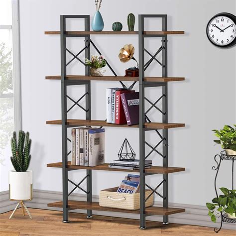 Yesker 5 Tier Bookshelf Industrial Style Bookcase With Wood And Metal