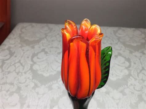 Vintage Murano Style Long Stem Burnt Orange Hand Blown 18 5” Glass Tulip Flower 39 99 Picclick