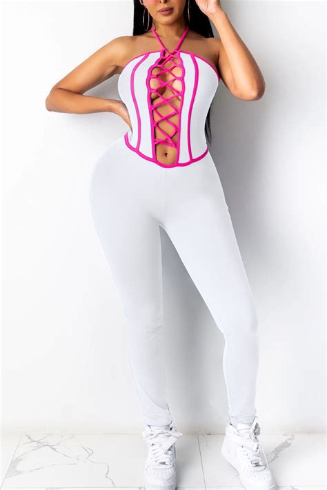 White Sexy Solid Hollowed Out Patchwork Frenulum Halter Skinny Jumpsuits Jumpsuits