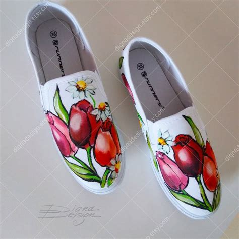 Tulips Slip Ons Hadpainted Shoes Tulips Slip On Shoes Hand Etsy In