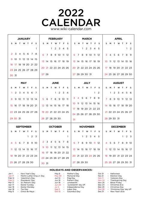 2022 Calendar With Holidays Printable