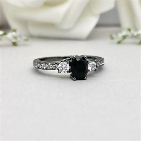 Oval Black Onyx Black Rhodium Wedding Ring Sterling Silver Etsy