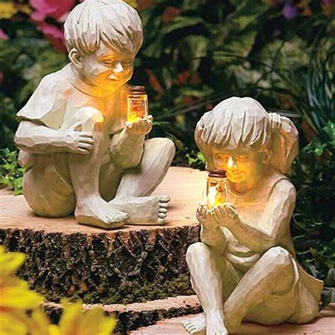 Ornements De Jardin Sculptures Un Gamin Avec Solaire Lucioles Statue De