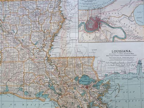 1903 Louisiana Original Large Antique Map Us State Map La Wall