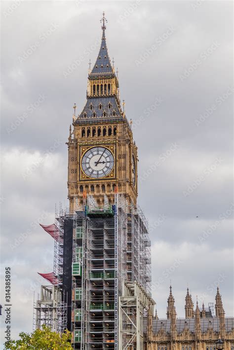 Big Ben Tower Under Scaffolding London United Kingdom Stock Photo