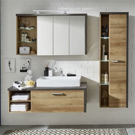 Java Wall Mount Bathroom Set In Oak Dark Cement Grey Led Furniture In