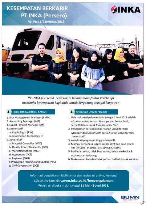 Fotokopi ktp, npwp & kk para pemegang saham dan pengurus, minimal 2 orang. Lowongan Kerja Lowongan Kerja BUMN PT INKA (PERSERO)