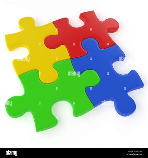 Four Colored Puzzle Pieces Assemled Isolated On White With A Clipping