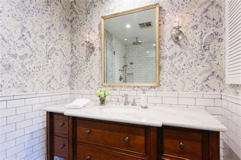 French Inspired Blue And White Bathroom With Toile