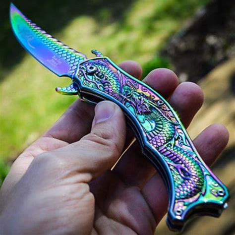 Iridescent Rainbow Flying Dragon Assisted Opening Folding Pocket Knife