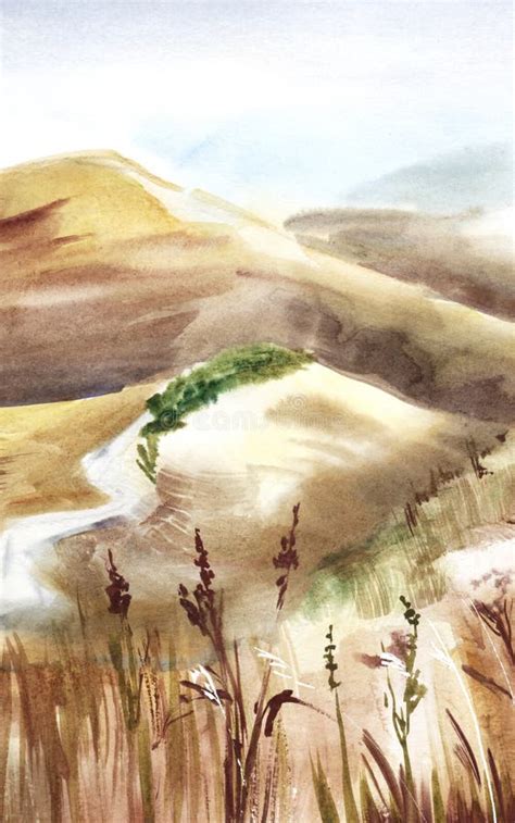 Abstract Watercolor Landscape Dried Wild Grasses Against Backdrop Of