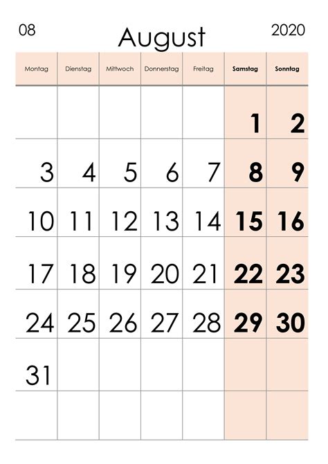 Kalender August 2020 Grosse Ziffern Im Hochformat Kalendersu