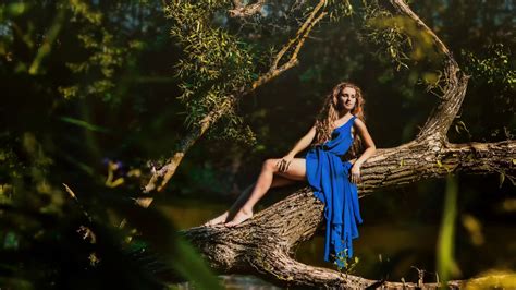 X Women Outdoors Branch Trees Blue Dress Barefoot Blonde Sunlight Women Legs Dress