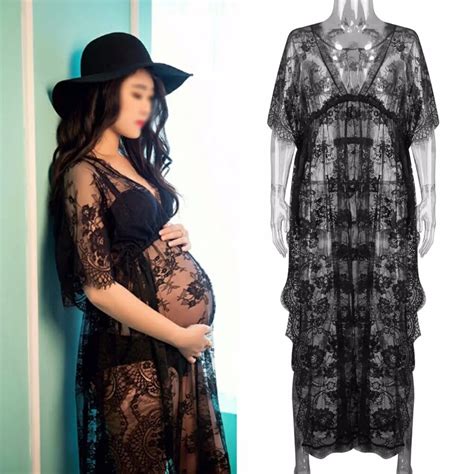 Pregnant Women Dress V Neck Sheer Lace Maxi Maternity Dresses