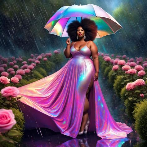 holographic art of a beautiful very curvy fit plus sized woman with a humongous bushy long afro