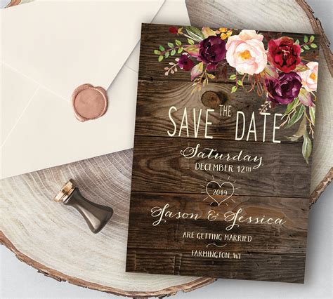 Burgundy Save The Date Cards On Rustic Wood Design Country Etsy