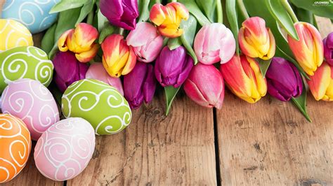 Composition Eggs Tulips Easter Flowers Wallpapers 3840x2560