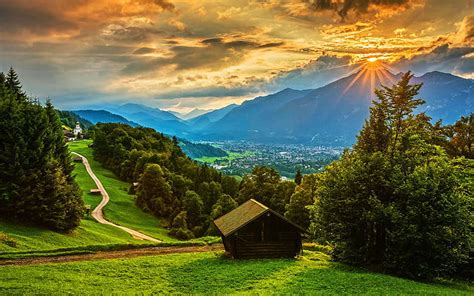 Sunset Over The Mountain Village Of Wamberg Bavaria Germany Clouds