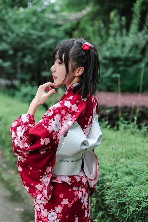 Japanese Red Small Cherry Cotton Formal Kimono For Women In Asia