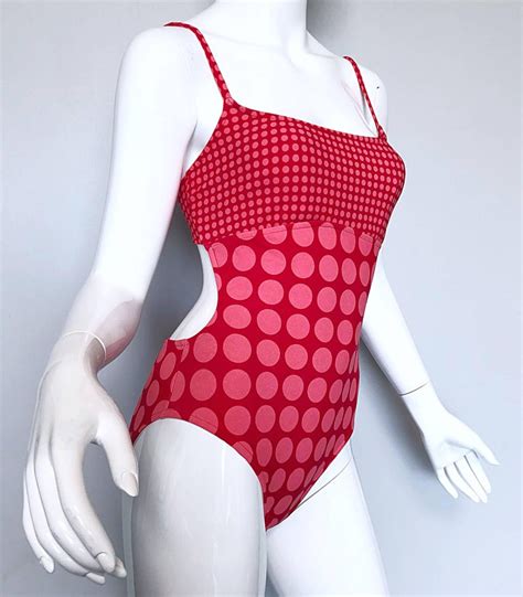 Vintage Bill Blass 1990s Pink Red Cut Out Polka Dot One Piece Swimsuit Bodysuit For Sale At 1stdibs