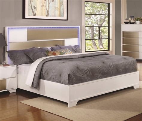 4 Pc White And Silver Queen Bed W Led Headboard Lights Bedroom Furnitur