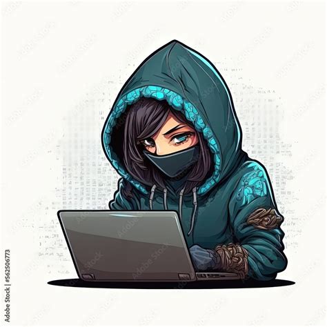 Cute Girl Hacker With Laptop Avatar In Cartoon Style Generative Ai