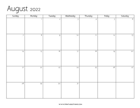 20 August 2022 Calendar Printable Pdf Us Holidays Blank Free