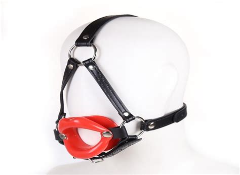 Leather Head Harness Bondage Open Mouth Gag Restraint Solid Red Big Lip Adult Fetish Products