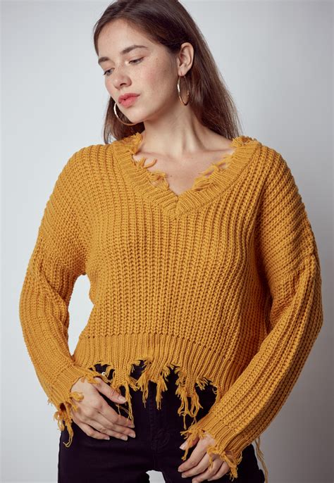 V Neck Ripped Pullover Knit Sweater Shop New Arrivals At Papaya Clothing