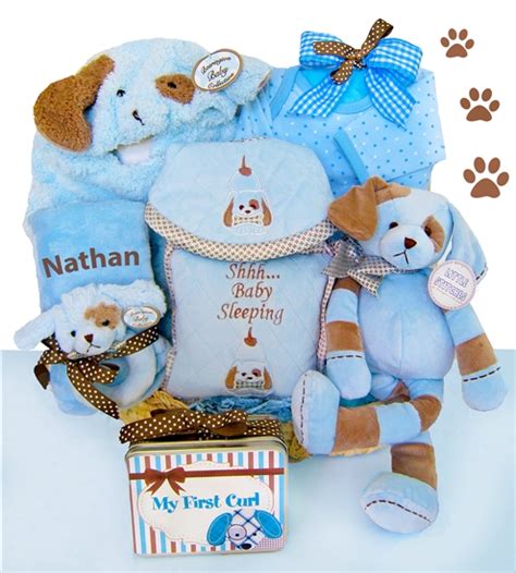 And don't forget most items come with the option to personalize it with your child's name or initials to create a unique gift for kids that will never go out of style. Puppy Love: Personalized New baby Boy Gift Basket at Gift ...