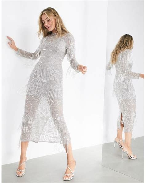 ASOS Crystal Fringe Midi Dress In Gray Lyst
