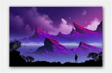Nature Art Purple Mountain Sunset Silhouette Art Canvas Poster Etsy
