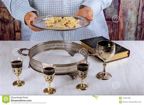 Christians Symbols Holy Communion On Wooden Table In Churchbreaking