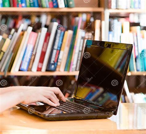 Closeup Hands Typing On Notebook In Library Stock Photo Image Of