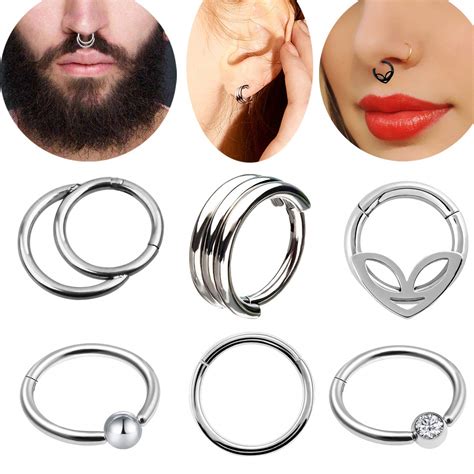 Fashion Jewelry 6pcs Nose Septum Segment Ring 16g Ring Hoop Mixed Styles Surgical Steel Piercing