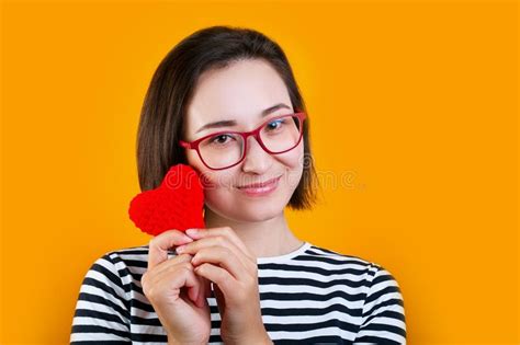 Satisfied Brunette Young Woman With Happy Expression Wears Red Glasses
