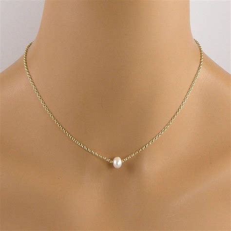 Single Small White Pearl Gold Floating Pearl Necklace Etsy Floating