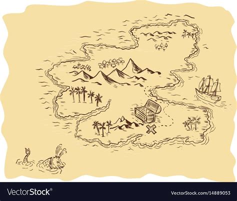 Drawing Sketch Style Illustration Of A Pirate Treasure Map Showing A Treasure Chest With X Mark