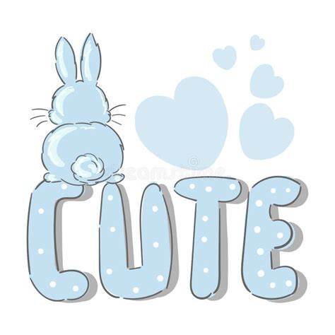 Little Bunny Hand Drawn Portrait Rabbit With Text Cute Blue Hearts