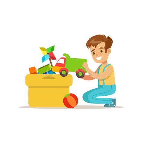 Boy Putting His Toys In Special Box Smiling Cartoon Kid