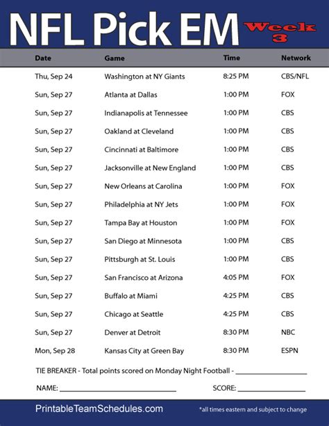 Nfl Football Printable Schedule