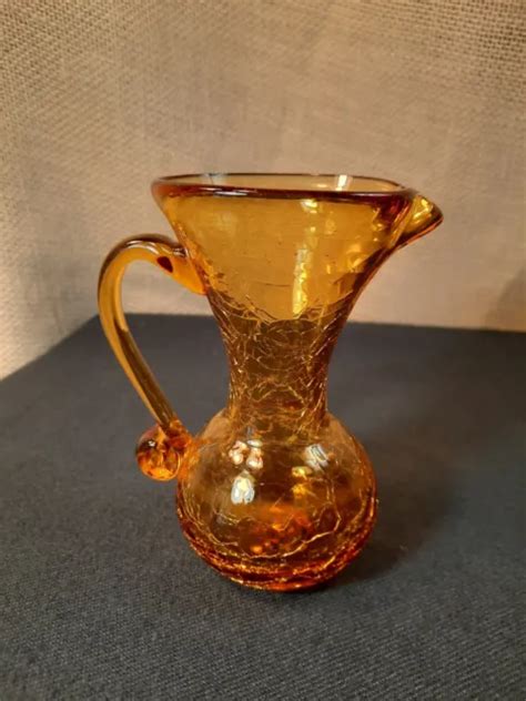 Vintage Blenko Amber Crackle Art Glass Pitcher Hand Blown With Applied Handle 10 00 Picclick