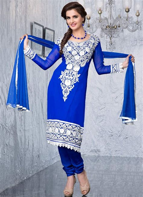 Blue Resham Enhanced Churidar Suit