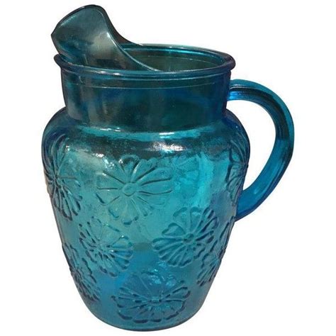 Mid Century Blue Floral Glass Pitcher 35 Liked On Polyvore Featuring Home Kitchen And Dining