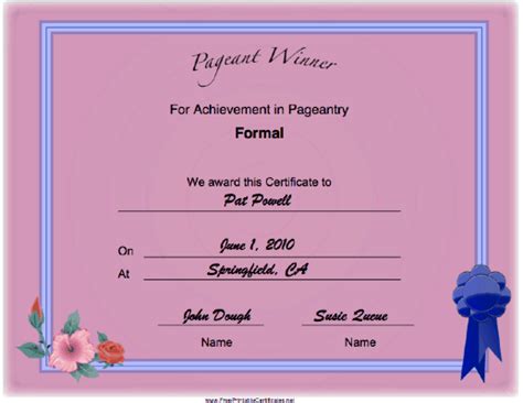 Pageant Formal Achievement Printable Certificate