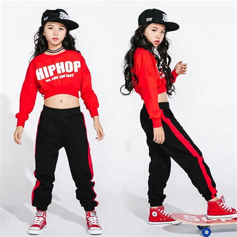 Hip Hop Jazz Dance Costume Girls Street Dance Clothing Kids Red Long