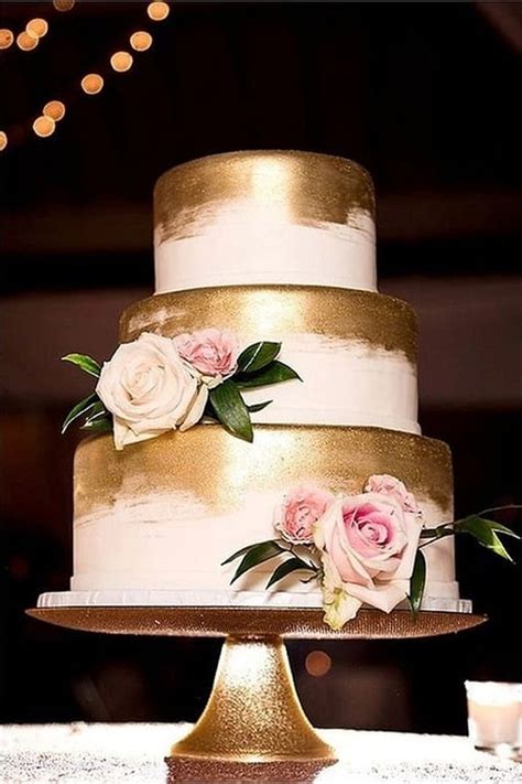 3 Tier Gold Wedding Cake With Blush Flowers Gold Wedding Cake Golden
